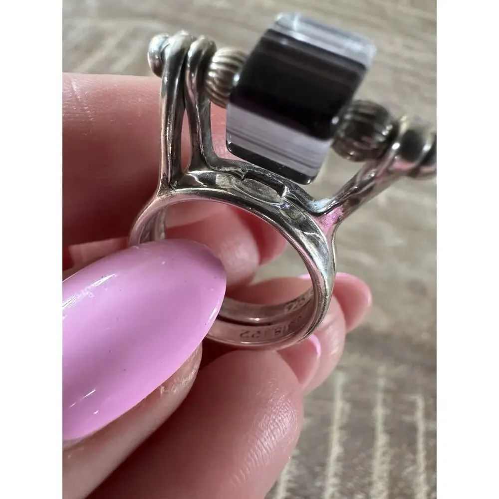 Unique Vintage Designer Sterling Silver Size 6 Glass Geometric Center